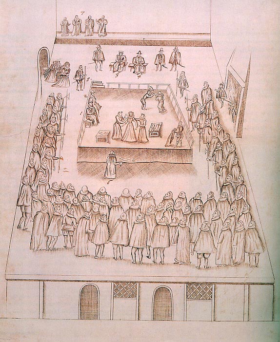 Contemporary sketch of Mary's execution in the Great Hall of Fotheringhay.  Mary is seen entering on the left and being disrobed by her ladies. @ owner, British Library.