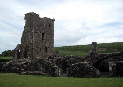 Southern view of the tower house with remains of kitchens in front
