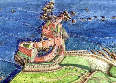 A reconstruction of Dunbar Castle by Andrew Spratt