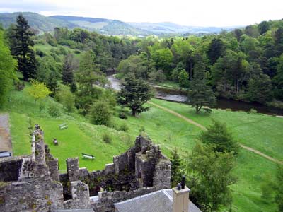 Looking over the entrance gateway, surrounding countryside and the Tweed